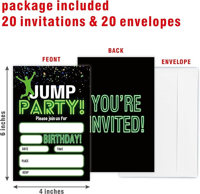 Glow Trampoline Birthday Invitations, Jump Party Invite Cards（20 Count) With Envelopes, Fill In Style Invite Cards For Boys & Girls, Birthday Party Supplies-C01