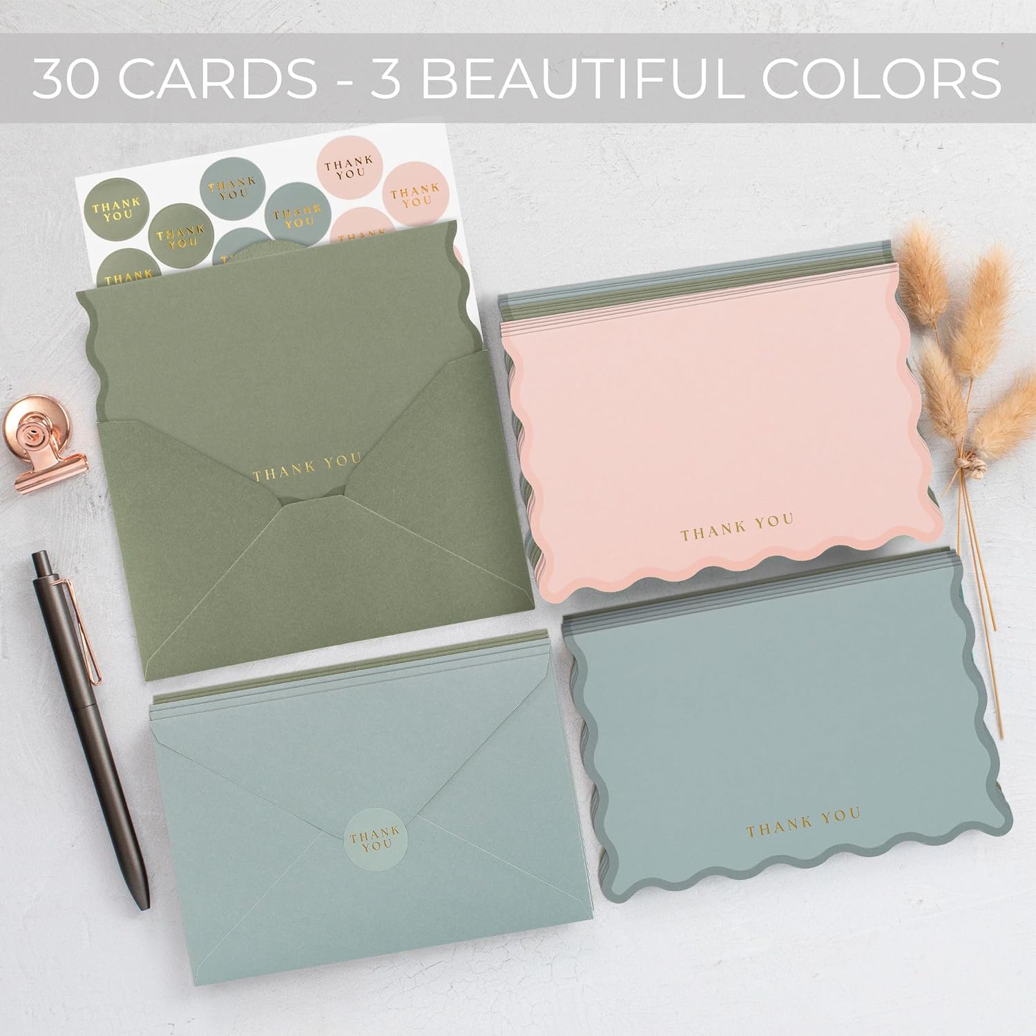 Beautiful Thank You Cards Set of 30 With Envelopes and Stickers - Elegant Blank Cards For Personalized Notes - Perfect Bulk Stationary Set For All Occasions incl. Weddings, Business & Baby Showers