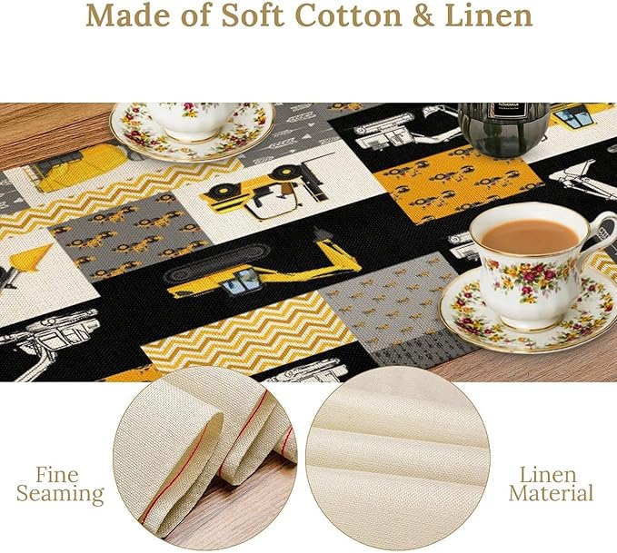 Excavator Table Runner,Boys Kids Construction Vehicles Equipment Trucks Cartoon Car Tablecloth Burlap for Hotel Indoors Outdoor Dining Room Kitchen Holiday Party, 13x80in