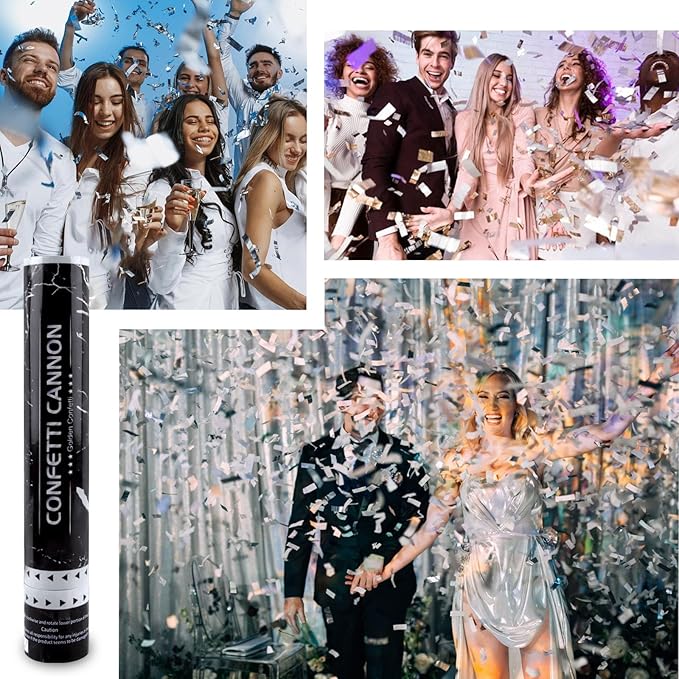 6 Pack Silver Confetti Poppers, 12 Inch Confetti Cannon Party Poppers Shooters for Birthday, Wedding, Graduation, Anniversary, Parties, Christmas, New Year's Eve