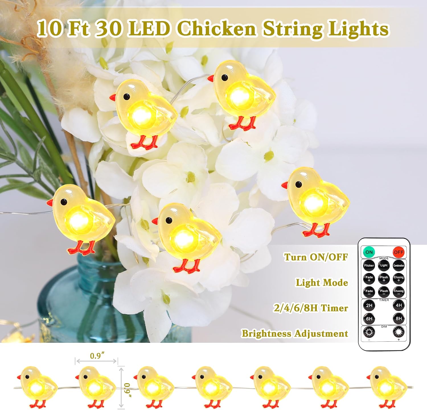Impress Life Chicken String Lights, 10ft 30 LED Cute Fairy Lights Battery Operated & USB Powered, Remote & Timer Indoor Outdoor Decor Lights for Home Garden Bedroom