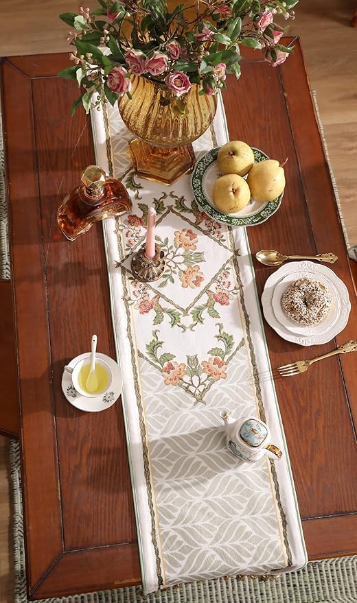 patdrea Designer Elegant French Floral Velvet Table Runner 71 Inch Long, Green with Orange Blossoms Pattern Table Mat, Decor for Kitchen Dining Coffee Table Cabinet Banquet Thanksgiving,12"*71"