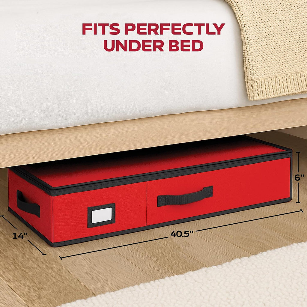 Christmas Wrapping Paper Organizer Storage Box, Straps/Pockets, 40" Heavy-Duty Gift Wrap Storage Holder for Bags, Bows, Tags, Ribbons, Holiday Decorations, Fits Up to 24 Rolls Underbed Container (Red)