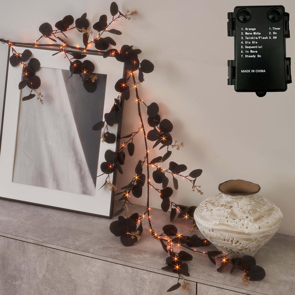 hairui lighted black eucalyptus garland with timer 96, main product view