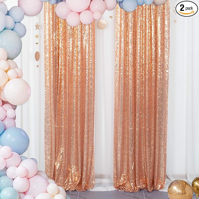 ShinyBeauty Sparkle Backdrop Curtain Rose Gold 2 Panels Set Photo Backdrops 2FTx8FT Sequin Curtains for Birthday Party Pack of 2-1220S