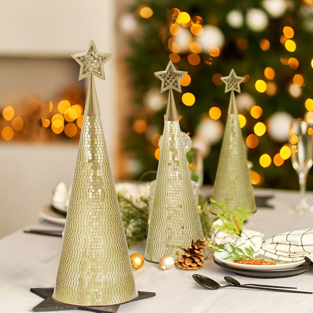 gold glass trees set of 6, 17" 15" showing dimensions