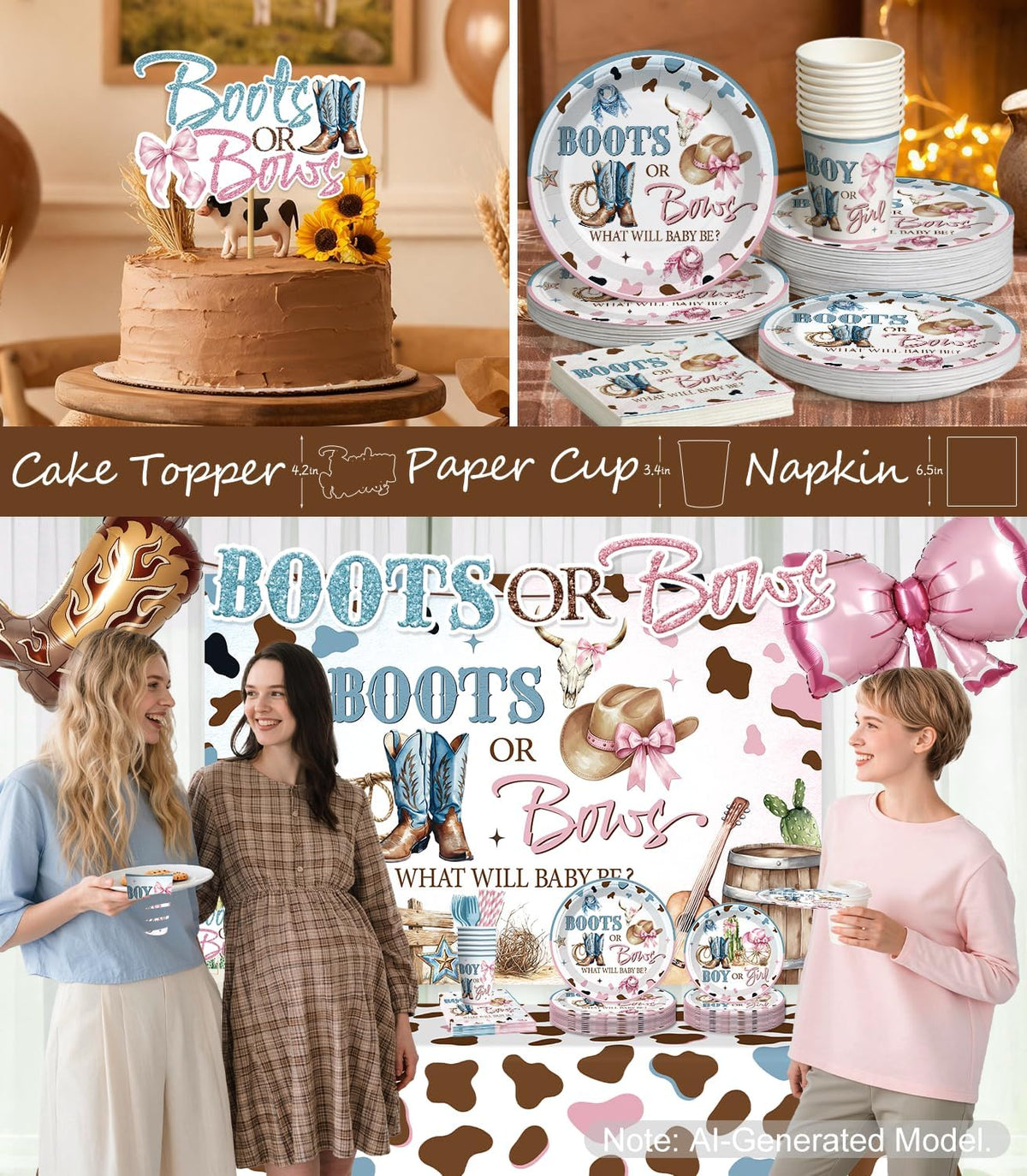 boots or bows gender reveal decorations set for on a desk or shelf