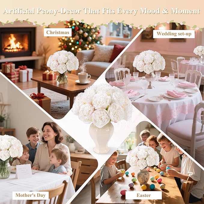 U'Artlines 20 Heads Artificial Peony Silk Flower Leaf Home Office Wedding Party Festival Bar Decor (Cream White)