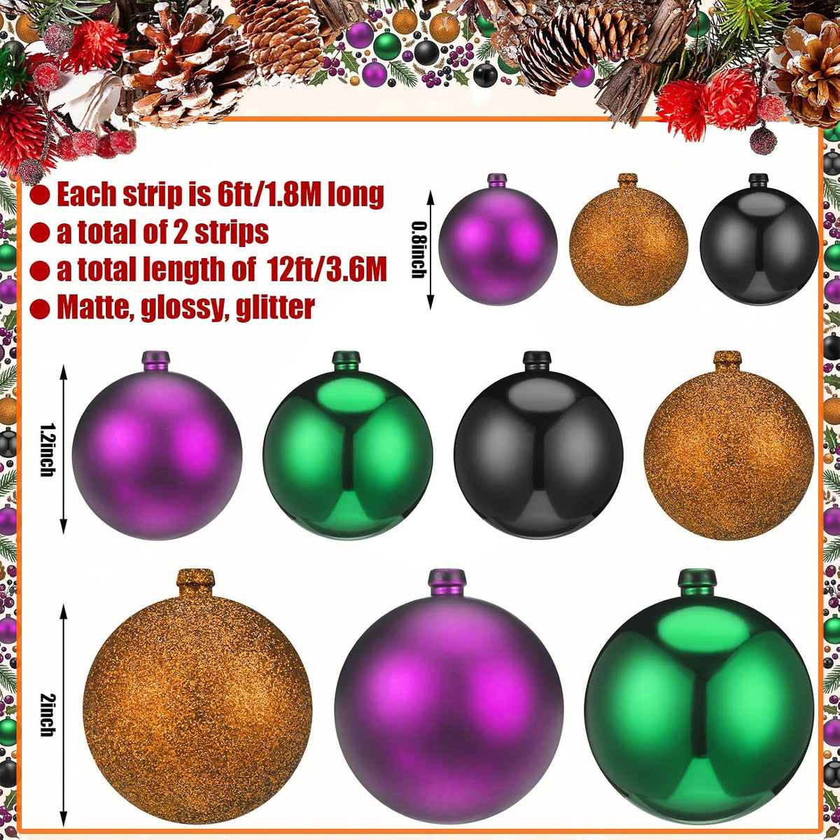 2 Pcs Christmas Ball Ornament Garland, Fantasy, 6 ft