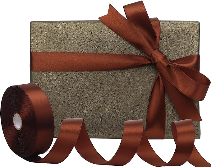 Brown Solid Satin Ribbon 1 Inch 50 Yards Solid Polyester Fabric Ribbon for Gift Wrapping Wedding Christmas Baby Shower Birthday Party Decoration Handmade Immortal Flower Craft