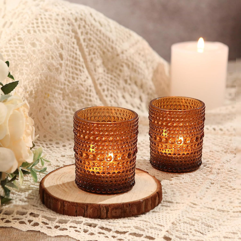 12Pcs Amber Votive Candle Holders 2x2.5in, Glass Tea Light Candle Holder for Wedding Table Decor & Christmas Thanksgiving