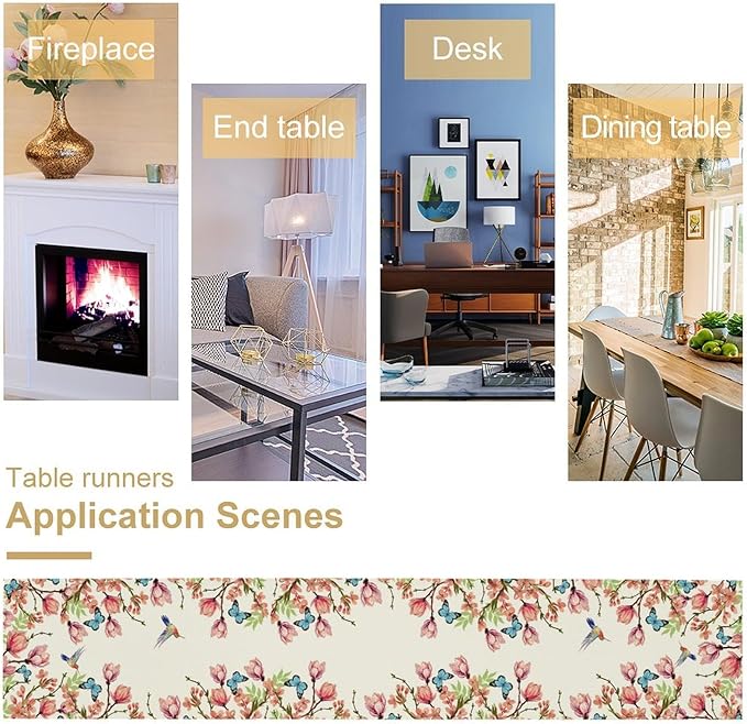 Flowers Table Runner,Floral Bird Butterfly Spring Table Cloth Kitchen Dining Table Home Party Decoration 13x60 Inch