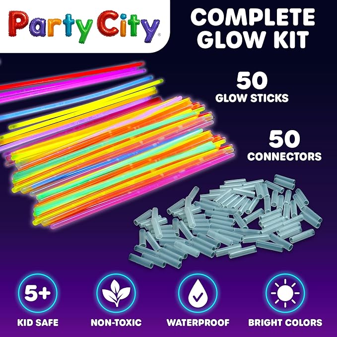 Party City 50 Glow Sticks Bulk Party Pack 8”– Neon Glow in the Dark Party Supplies, Glowsticks with Connectors Bracelets & Necklaces, Light Up Favors for Kids, Adults, Birthdays, Parties, Decorations