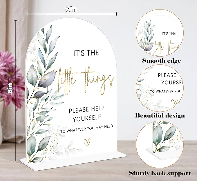 Acrylic Wedding Signs, Greenery Theme It's The Little Things Please Help Yourself Sign, Wedding Reception Signage, Bridal Shower Table Decor with Stand, Anniversary, Newlywed Events Supplies, 15