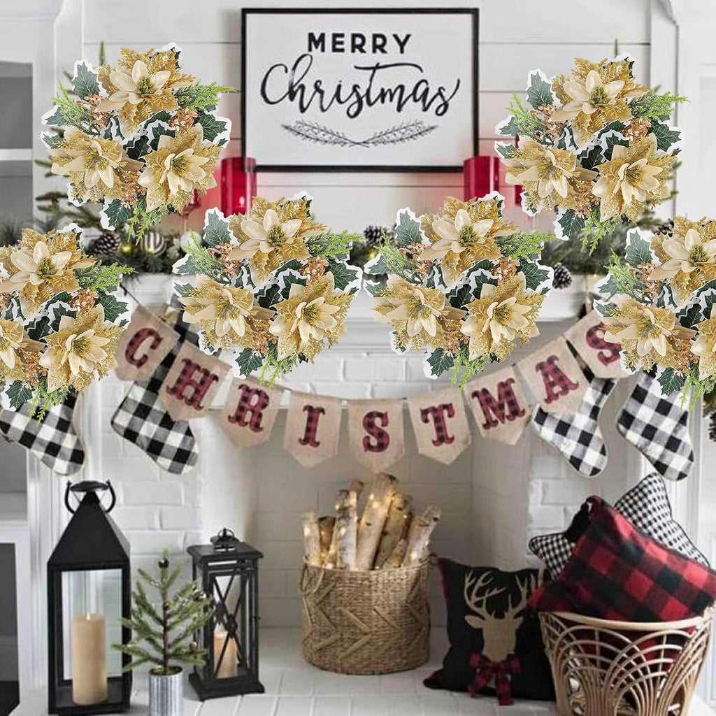 mdgfge Christmas Candle Rings Wreath Holder Artificial Gold Flower Pine Candle Rings with Holly Leaves for Xmas Party Holiday Table Pillars Decoration