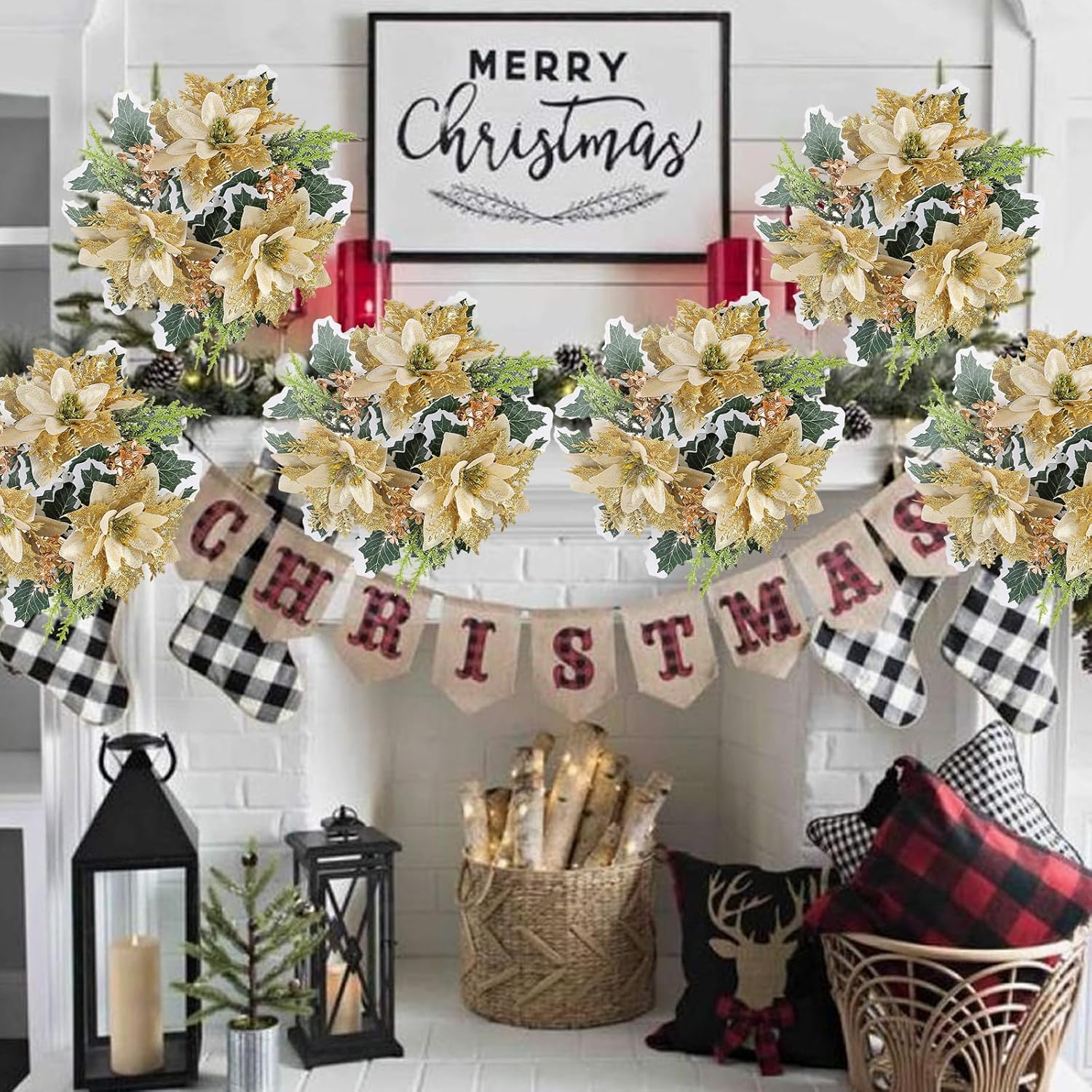 mdgfge Christmas Candle Rings Wreath Holder Artificial Gold Flower Pine Candle Rings with Holly Leaves for Xmas Party Holiday Table Pillars Decoration