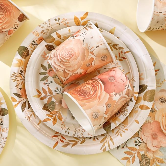 175PCS Floral Plates and Napkins Sets, Floral Party Supplies Plates, Cups, Spoons, Fork, Napkins - For Women Birthday Party Decorations