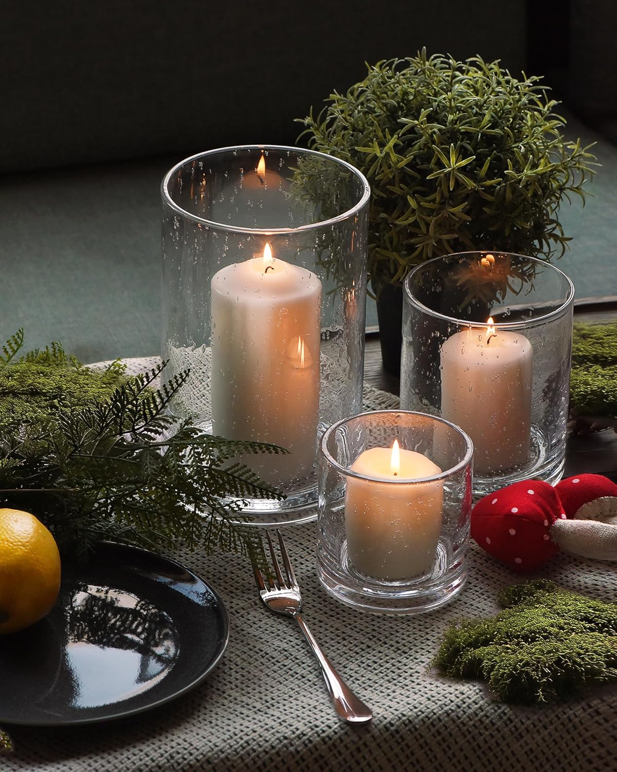 Glass Candle Holders Set, 3 Sizes 8" 5" 3.5" Height | Hurricane Vase Centerpieces, Clear Seeded Bubbles Cylinder For Pillar Votive Flower
