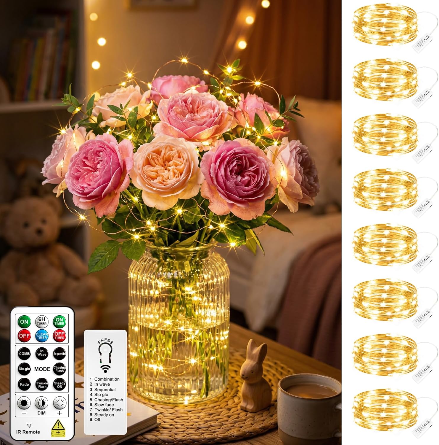 8 Pack Rechargeable LED Fairy Lights 7Ft 20LED Battery Operated | 8 Modes, Remote & DIY Timer Mini Twinkle String Lights for Indoor Christmas Wedding Mason Jar Bedroom Table
