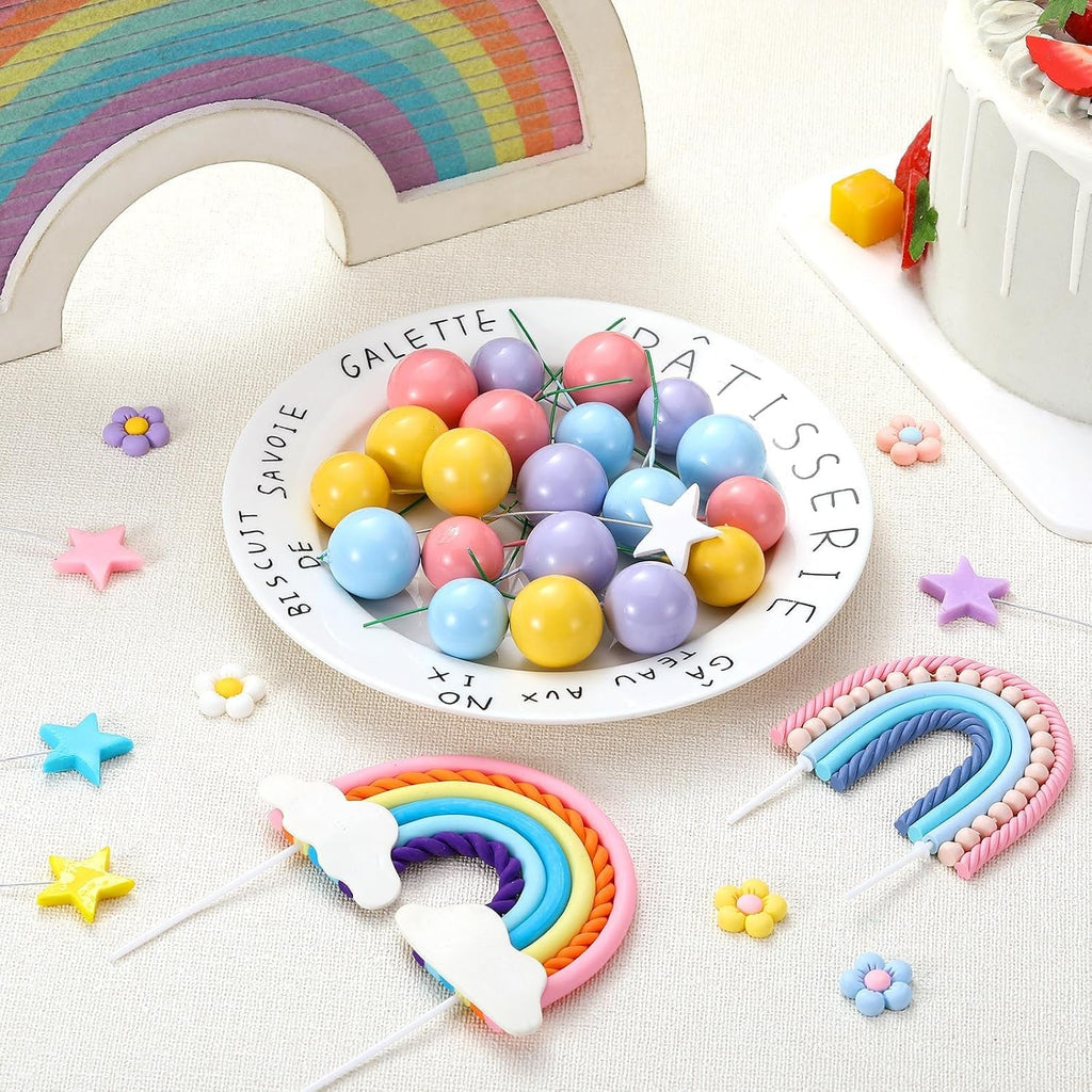 32 Pcs Rainbow Cake Topper with Flower Star Cupcake Toppers Pastel Balls Cake Topper, Boho Groovy Cake Decorations for Birthday Wedding Party