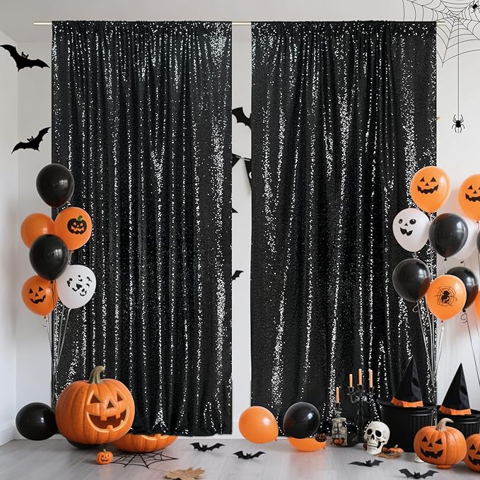 SquarePie Sequin Backdrop Curtain 8FT x 10FT Black Satin Backing Fabric Photography Background for Wedding Patry 4FT x 10FT 2 Panels