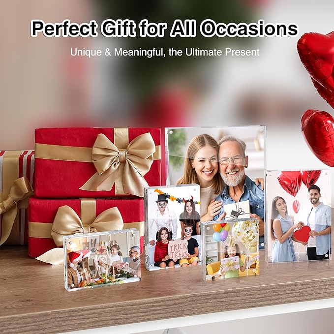 HOUSE DAY Acrylic Picture Frames 4x4, 2 Pack Magnetic 4 x 4 Picture Frame, Double Sided Clear 4x 4 Photo Frame with Microfiber Cloth, Frameless FreeStanding 4x4 Frame Gift for Desktop Display