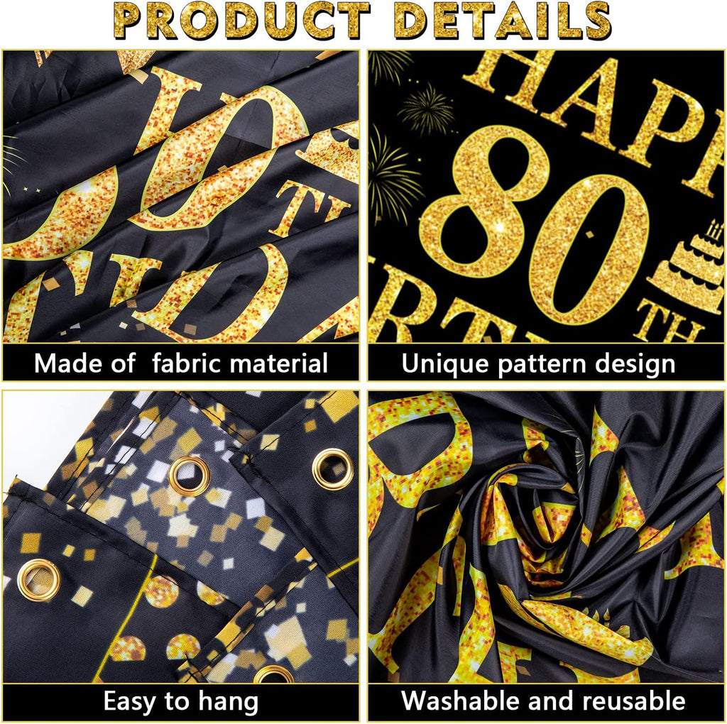 80th Birthday Decorations for Men Women - Happy 80th Birthday Banners Decorations Black Gold 80 Years Birthday Party Favor Backdrop for 80th Birthday Party Sign Decor (71 x 45 inch)