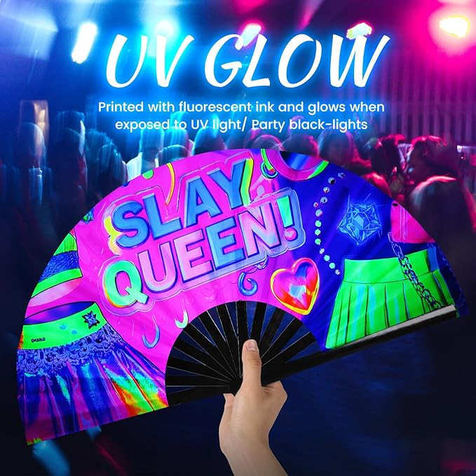 SYNTECSO Folding Hand Fan for Rave, Popping Fan for Line Dancing, Drag Queen, Women and Men Gift，Chinese Japanese UV Glow Clack Fan for Parties, Music Festivals, EDM and Decoration