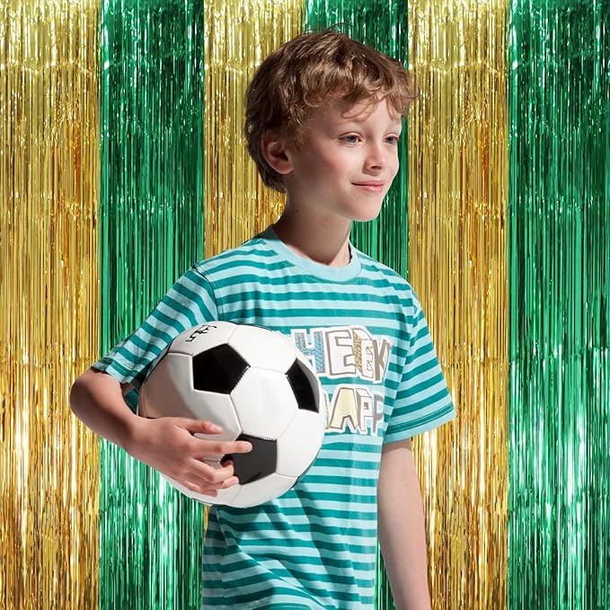 2 Pack Green and Gold Foil Fringe Backdrop Curtains, Tinsel Streamers Party Decorations, Fringe Backdrop, Door Shimmer for Graduation or Birthday Party