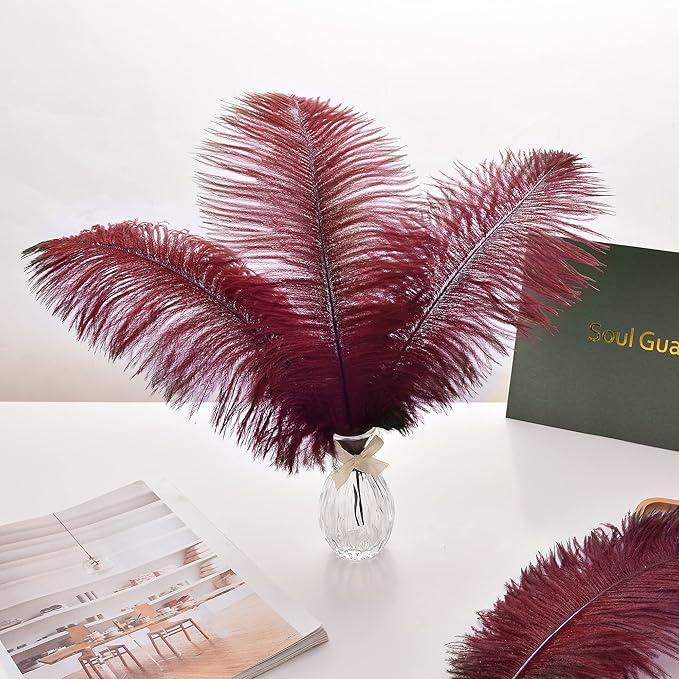Ballinger Big Burgundy Ostrich Feathers - 24Pcs 12-14inch Wine Red Feathers for Party Centerpieces, Flower Arrangement and Home Decor