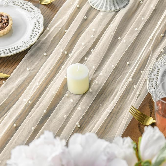 Artoid Mode Pearl Beige Gauze Table Runner 59x120 Inch , Seasonal Sheer Kitchen Dining Holiday Wedding Birthday Baby Shower Table Decor for Home Party