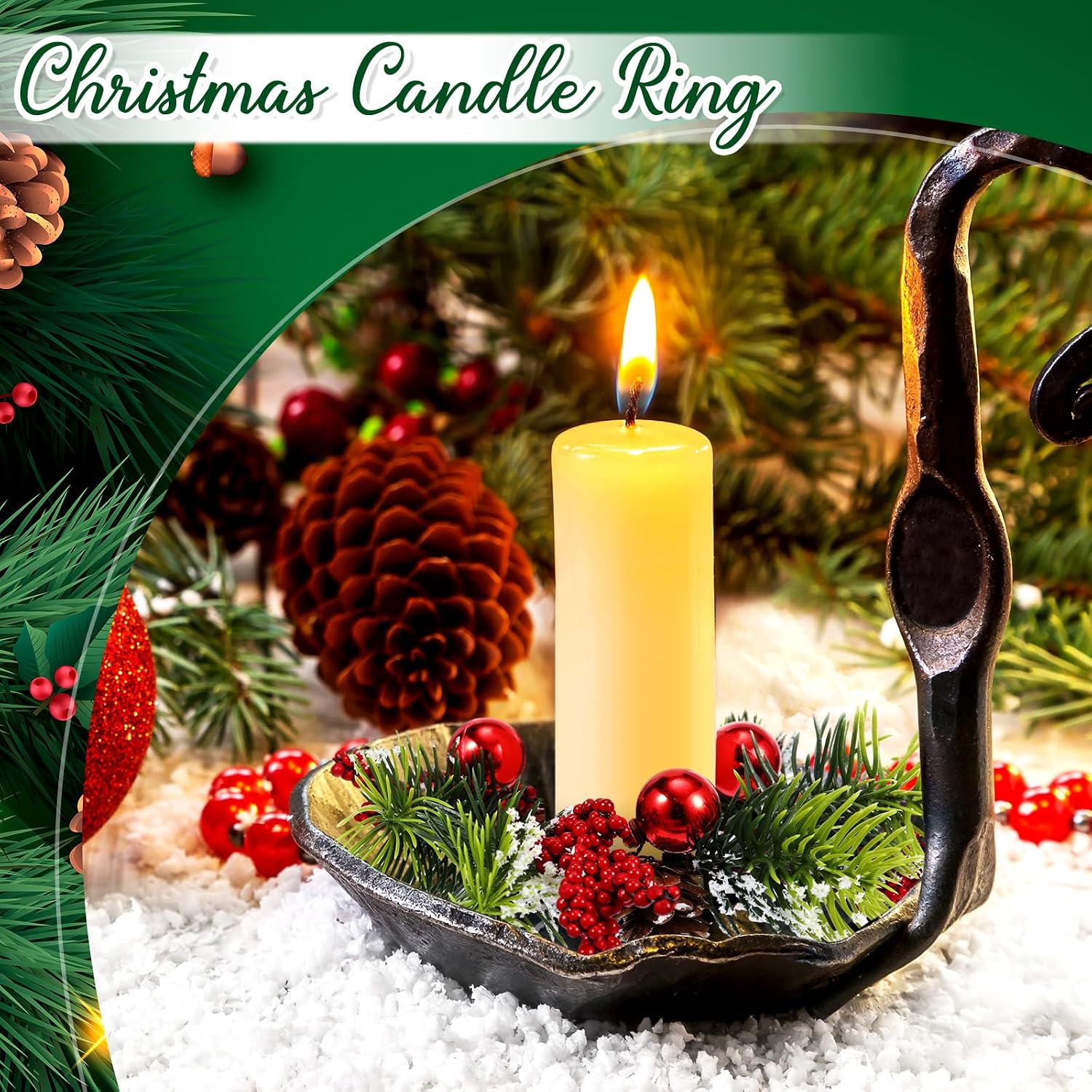 8 Sets mini Christmas Candle Rings Wreaths Berry Pinecone Red Poinsettia Wreaths Rings Xmas Mini Candle Holders for Christmas Wedding Table Centerpiece Decor (Simple)