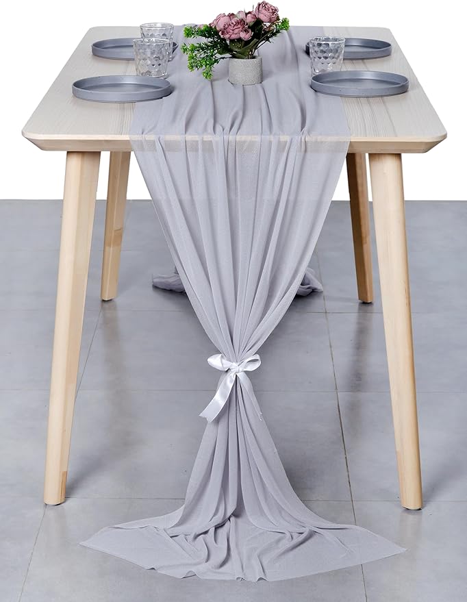 MDS 25 Pack 10ft Chiffon Table Runner 29 x 120 Inches Sheer Wedding Runner Romantic Rustic Table Runner for Wedding Decorations, Birthday Parties, Bridal Shower Party Arch Decor - Cool Gray