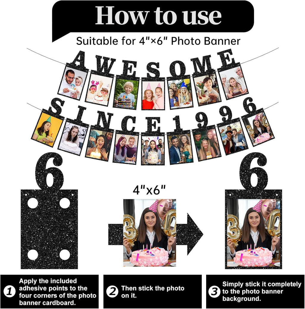 Pre-strung Awesome Since 1996 Photo Banner Birthday Decorations for Her Him- Black Glitter 30th Birthday and Anniversary Decorations Party Supplies for Women Men