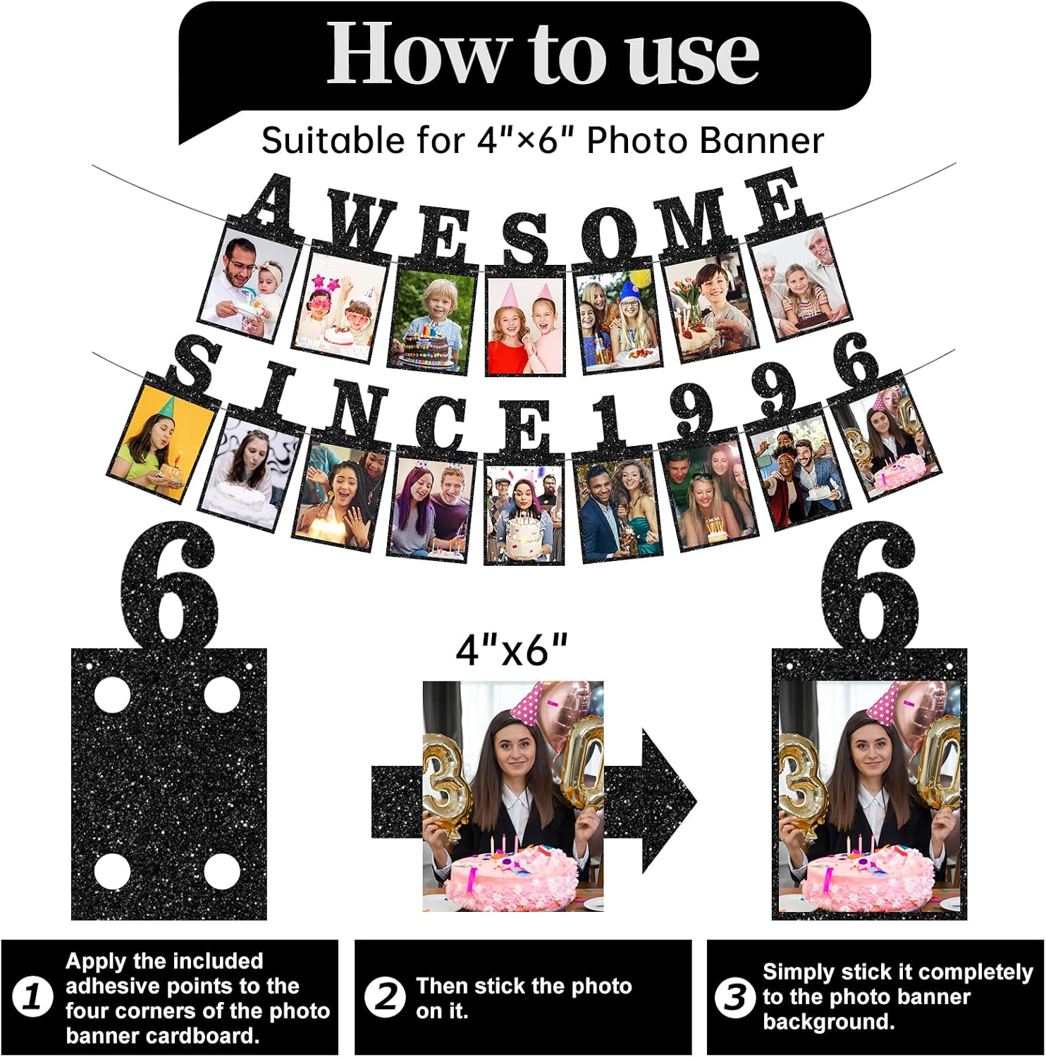 Pre-strung Awesome Since 1996 Photo Banner Birthday Decorations for Her Him- Black Glitter 30th Birthday and Anniversary Decorations Party Supplies for Women Men