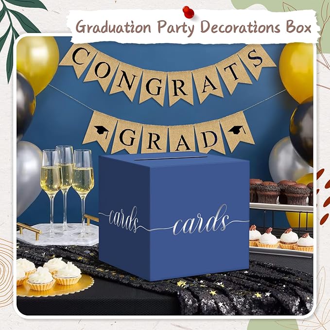QIKSION Navy Blue Graduation Card Box, Silver Foil Gift Card Box for Graduation, Party, Wedding Reception, Birthday, Baby Shower, Raffle