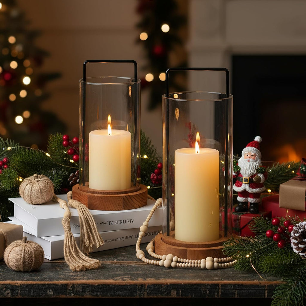 Houmury Set of 2 Hurricane Candle Holders Lantern 12” & 10”with Wood Base Metal Handle Glass Cylinder Modern Farmhouse Decor for Home Decoration, Table Centerpieces (Warm Amber Brown)