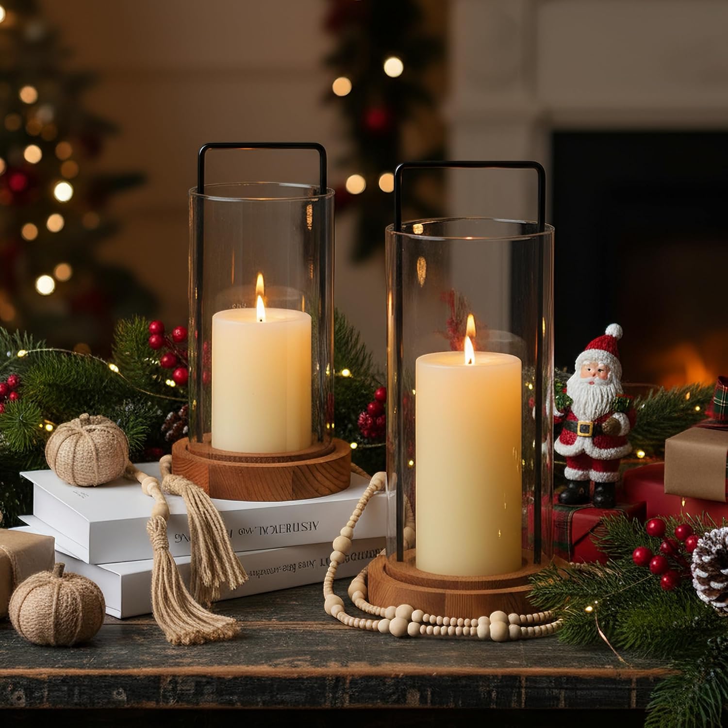Houmury Set of 2 Hurricane Candle Holders Lantern 12” & 10”with Wood Base Metal Handle Glass Cylinder Modern Farmhouse Decor for Home Decoration, Table Centerpieces (Warm Amber Brown)