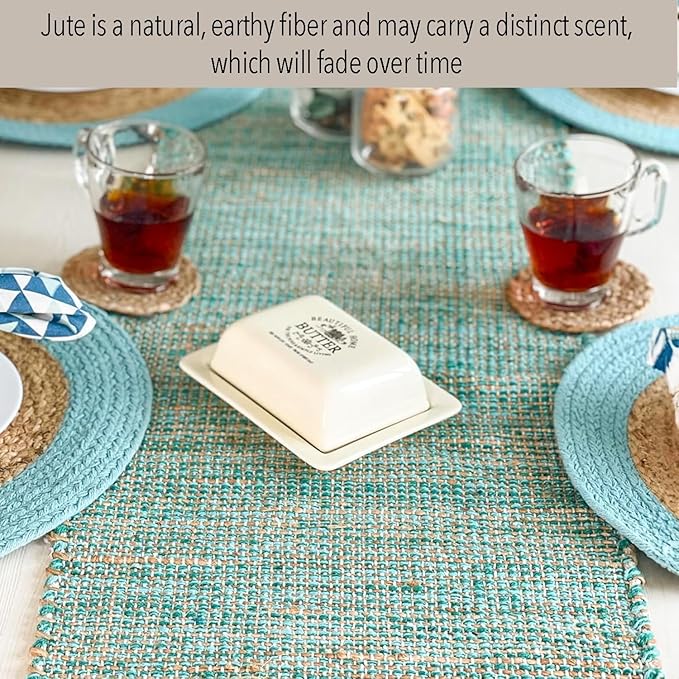 Chardin home Natural Jute Table Runner 13x36 Inch – Vintage Boho Rustic Table Decor – Handwoven Table Runner in Natural Jute and Aqua Turquoise – Farmhouse Dining or Console Table Accent