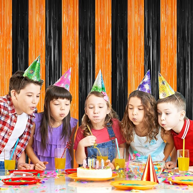Halloween Photo Backdrop, 2 Pack Orange and Black Party Streamer, Metallic Foil Fringe Curtains Tinsel Backdrop, Halloween Birthday Party Decorations Hanging Decor Indoor, Photo Booth Props Streamers