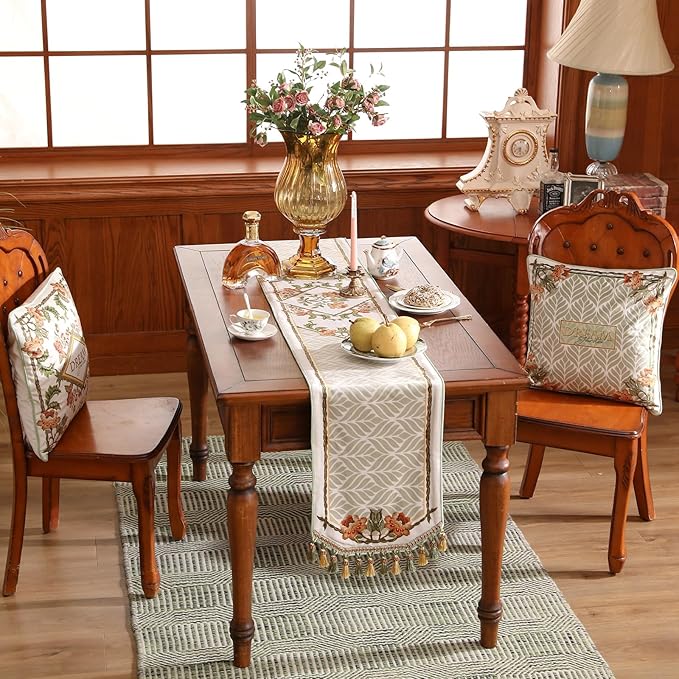 patdrea Designer French Floral Extra Long Velvet Table Runner 118 Inch Long,Green Orange Blossoms Pattern Table Mat, Decor for Kitchen Dining Coffee Table Cabinet Banquet Thanksgiving,16"*118"