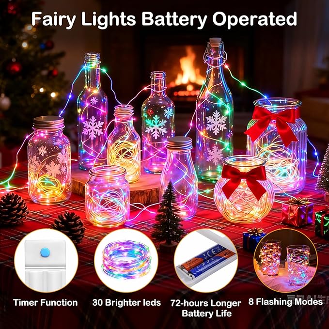 ZNYCYE 6 Pack Fairy Lights Battery Operated, 8.2 Ft 50 LED With Timer, 8 Modes Christmas Lights, Waterproof for Indoor Wedding Decorations (Red Green White)