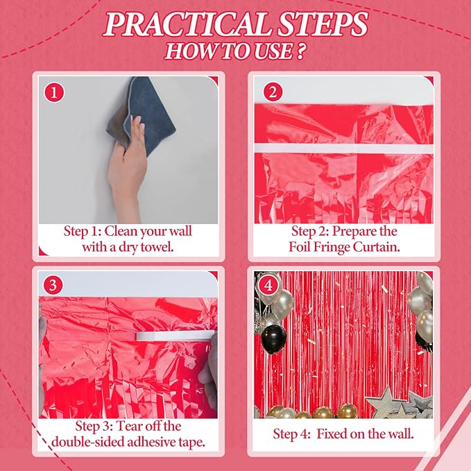 3 Pack Foil Fringe Backdrop - Pastel Red Shiny Tinsel Curtains for Party Decoration/Photo Booth Props - 3.3x8.2 FT Metallic Foil Backdrop for Birthday, Wedding, Graduation, Christmas.