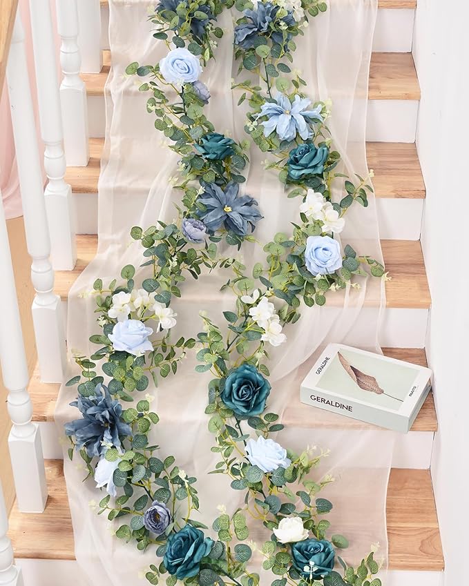 Waipfaru 2Pcs Artificial Eucalyptus Garland with Flowers 6.07Ft, Wedding Table Decorations, Floral Rose Garland for Centerpieces Backdrop Wall Flower Vines for Room Decor (Dusty Blue)