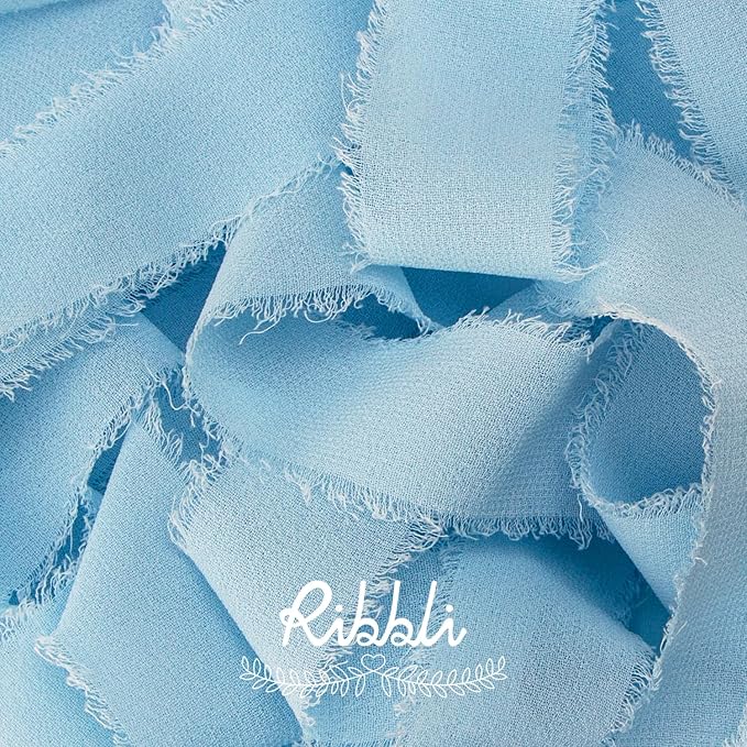 Ribbli Baby Blue Ribbon 1 Inch x 3 Rolls Total 24 Yards Light Blue Handmade Fringe Chiffon Silk Ribbon for Wrapping Wedding Invitations Bridal Bouquets DIY Crafts Home Decor