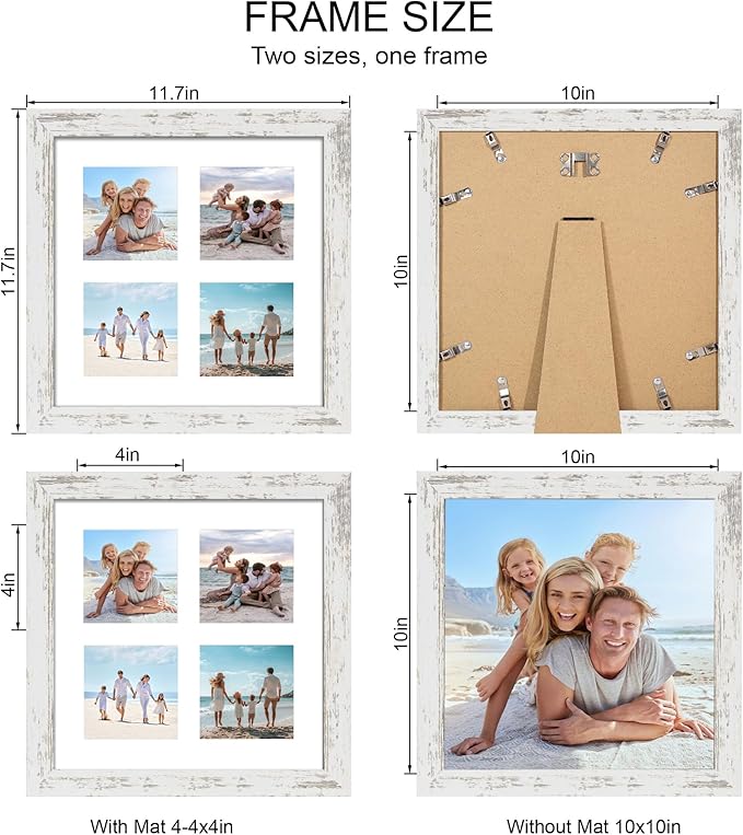 10x10 Picture Frame Set of 2, Real Glass and Distressed White Collage Frame, Display Pictures Four Opening 4x4 With Mat or 10 x 10 Without Mat for Wall Hanging or Tabletop