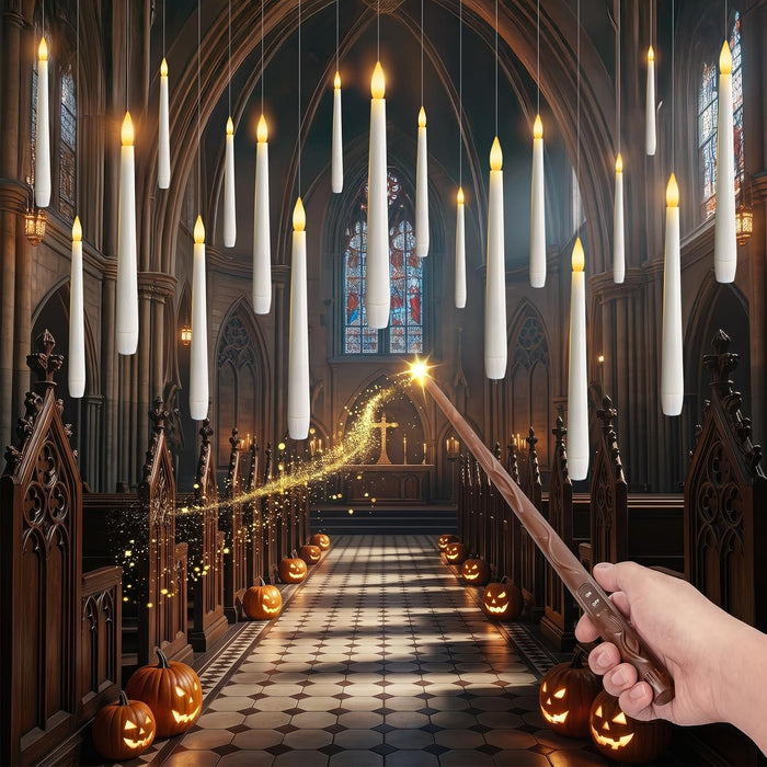 30PCS Floating Candles with Wand Remote, Flameless Hanging Taper Candles with Flickering Warm Light, Battery Operated Magic Candles for Halloween Indoor Ceiling Decor, Hallway, Bedroom, Party