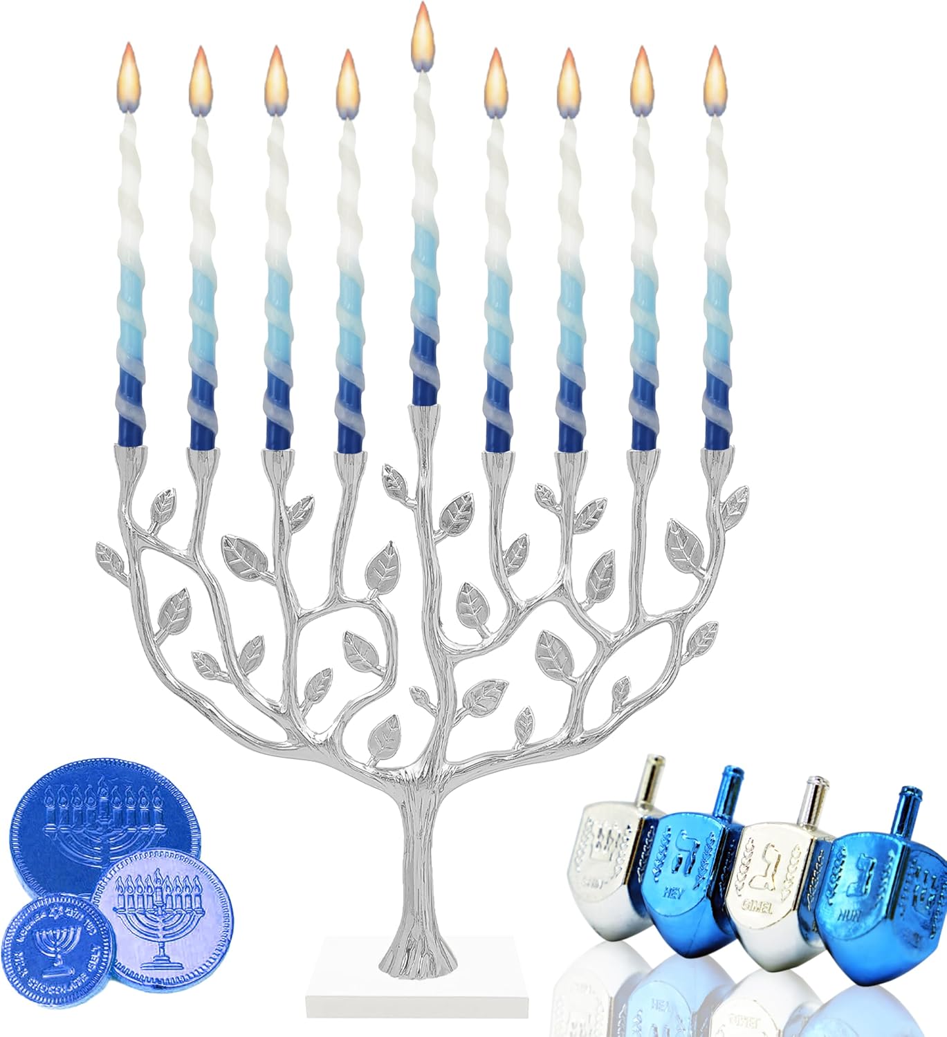 The Dreidel Company Deluxe Twisted Spiral 45 Blue & White Ombre Hanukkah Menorah Candles for All 8 Nights of Chanukah Burn Time 1-Hour