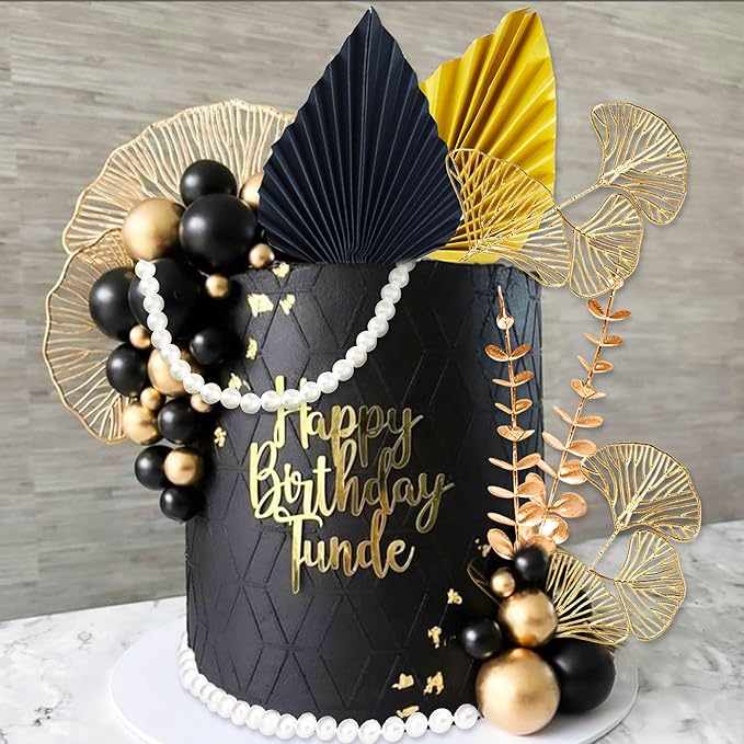 Boho Cake Topper Black Gold Balls Cake Topper Gold Leaves Cake Decoration Prom Cake Decoration Roaring 20s Cake Decoration 1920s Party Supplies