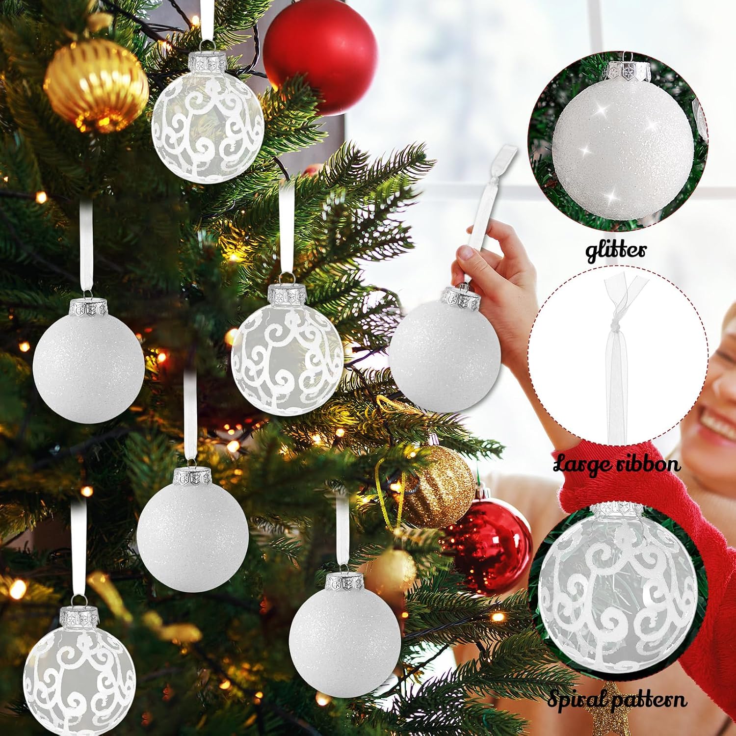 Halloscume 12 Pcs Large Glitter Christmas Ornaments Balls, 3.15 Inch Plastic Hanging Christmas Tree Ball, Glitter Snowball & White Swirl Transparent with White Ribbon for Xmas Tree Home Wedding Party